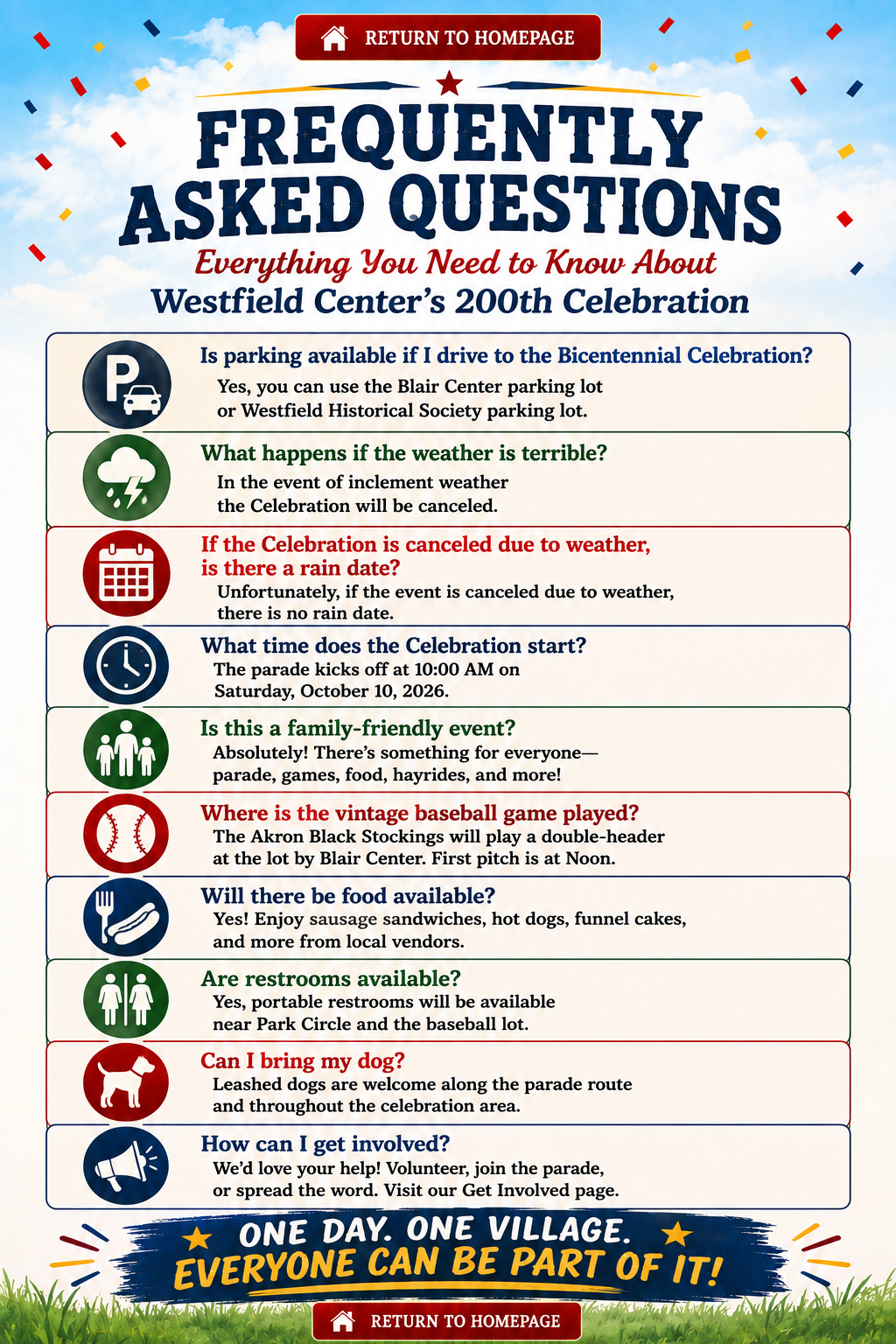 Frequently Asked Questions about the Westfield Center Bicentennial Celebration.