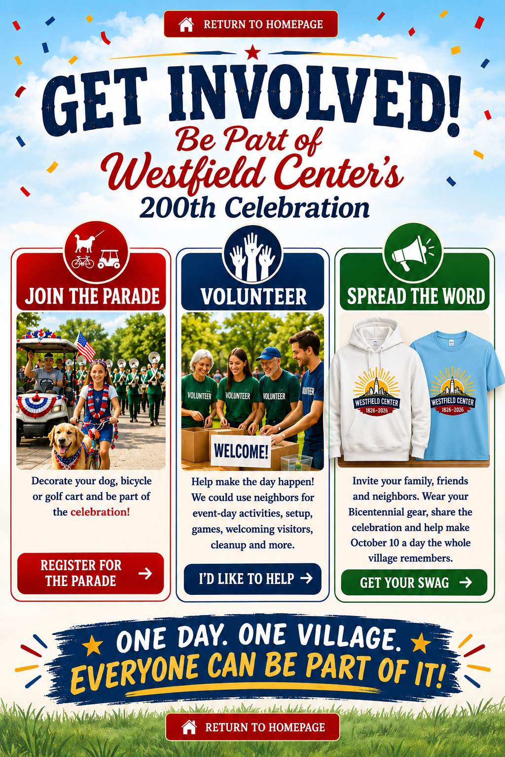 Get Involved in the Westfield Center Bicentennial Celebration by joining the parade, volunteering, or spreading the word.